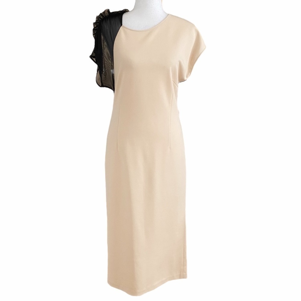BABYLON COLLECTION CREAM BLACK CINCHED RUFFLE SHEER MESH MIDI FORMAL DRESS - L - Picture 2 of 11